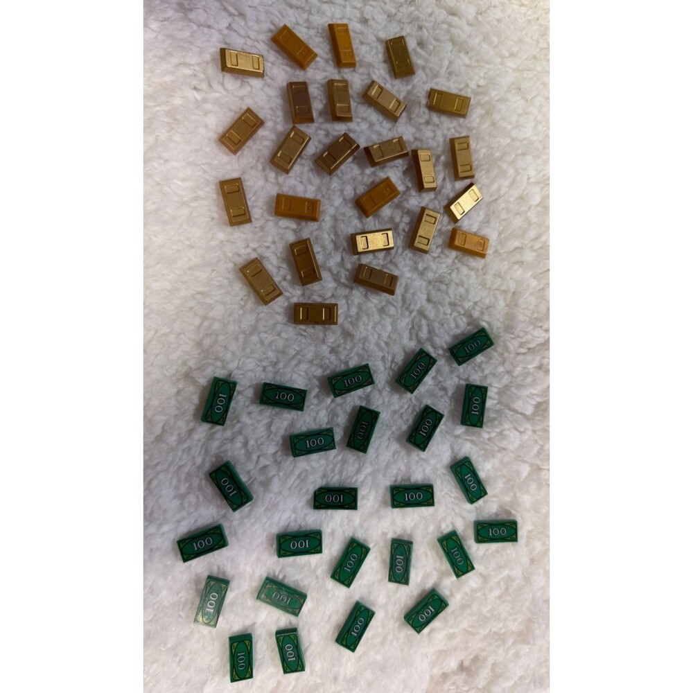 Lego 50 piece set--25 gold bars, 25 green $100 bills, money, currency, vault